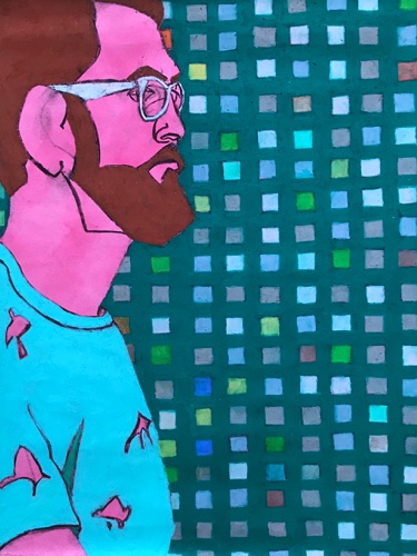 Mr Matt with Pink Flamingos;
watercolor charcoal oil pastel on paper, 24 x 18" Mr Matt with Pink Flamingos;
watercolor charcoal oil pastel on paper, 24 x 18"